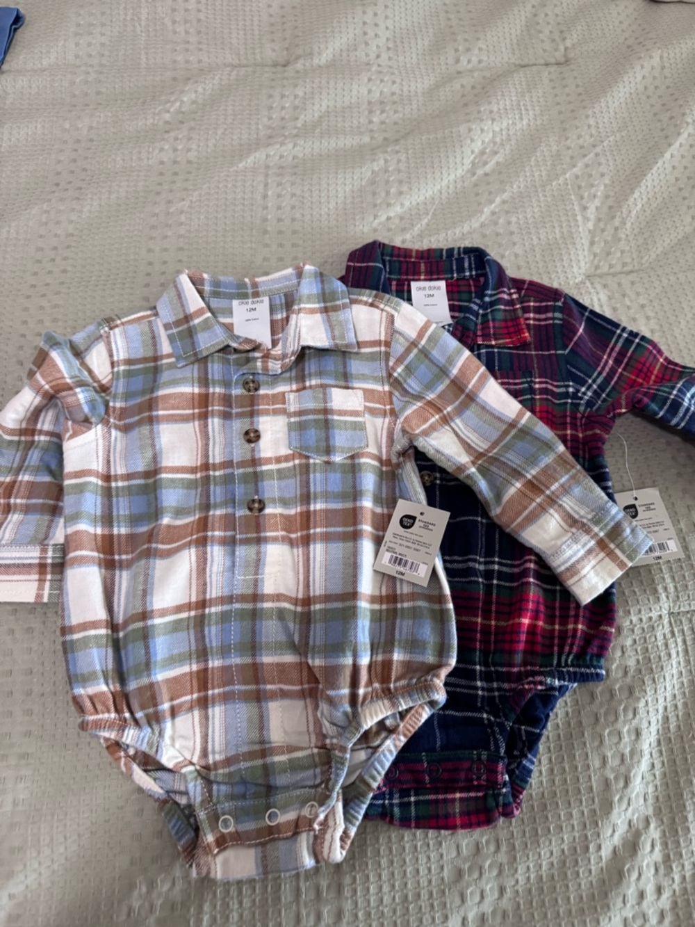 Plaid Button-Front Baby Bodysuit - Brown, Blue & White